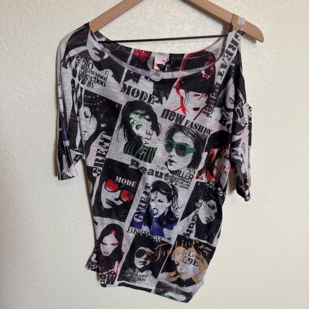 Y2K Grunge Newspaper Graphic That's It Cold Shoulder Asymmetric Top M Multi - Picture 2 of 4